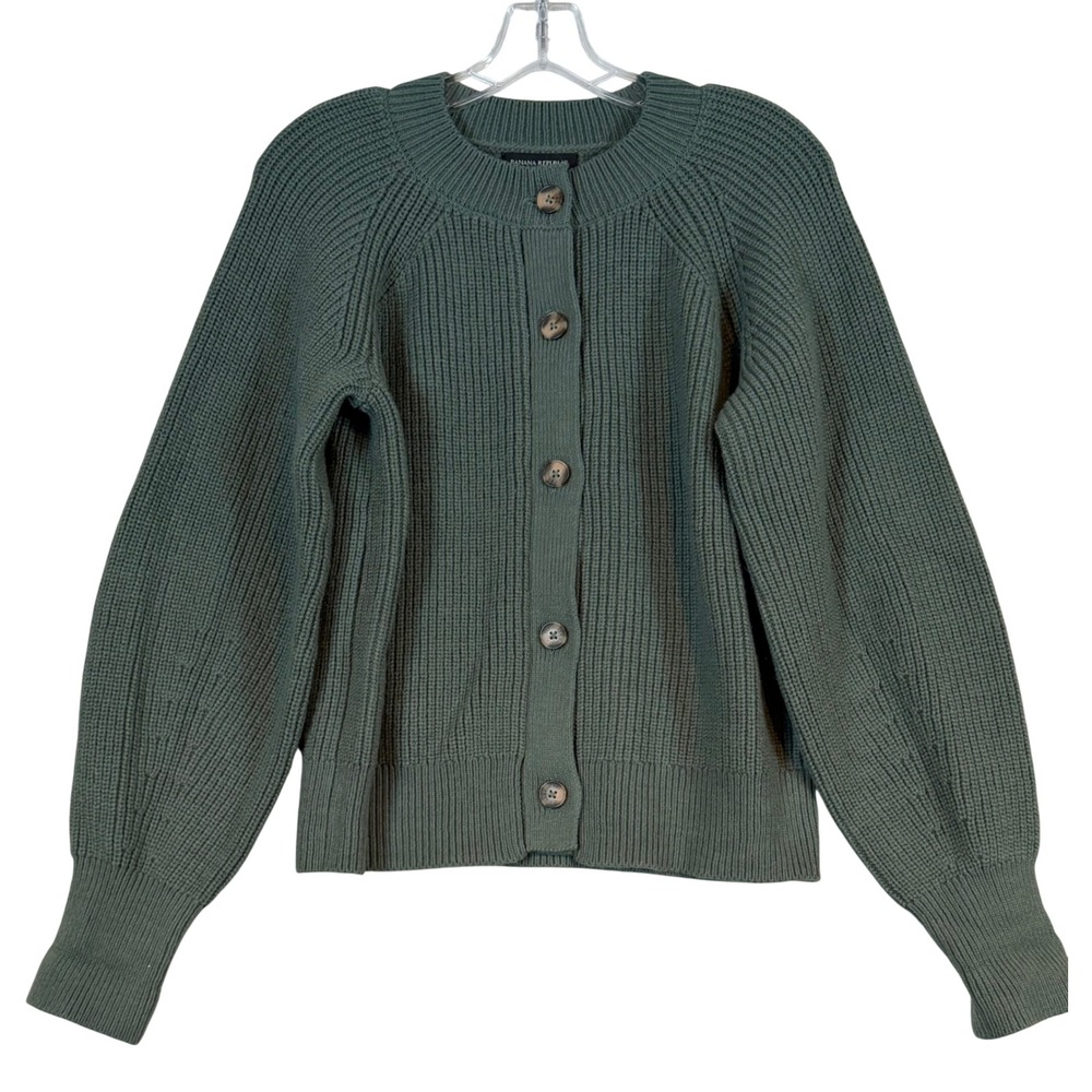 NWT Banana Republic Womens Green Shaker Stitch Button Front Cardigan Sweater •L•